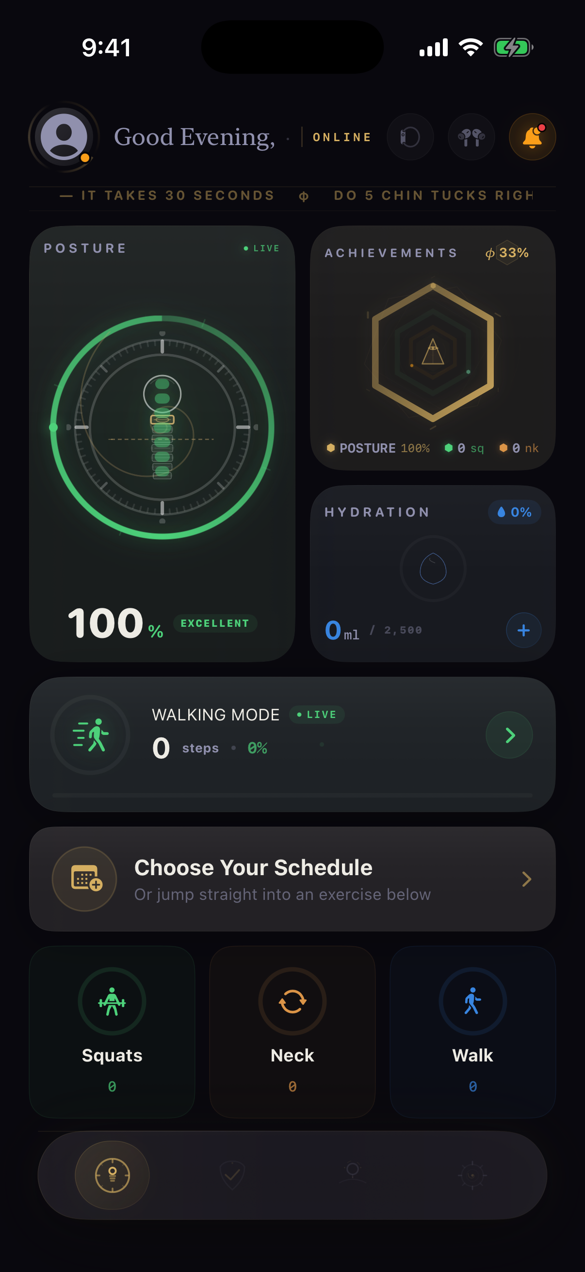 CheckNeck Home — Posture Radar at 100% Excellent